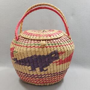 Hand Woven BIRD "Snake Charmer" Round Basket w/Lid Handles Rattan Straw Vintage